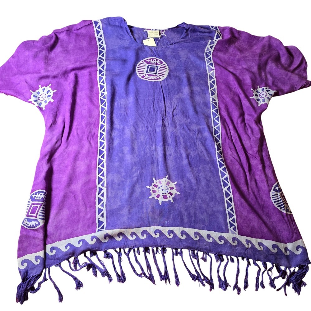 Rhonda Shields Beach Pool Cover Up Pockets Fringe Shawl Shirt Purple 32x31 VTG